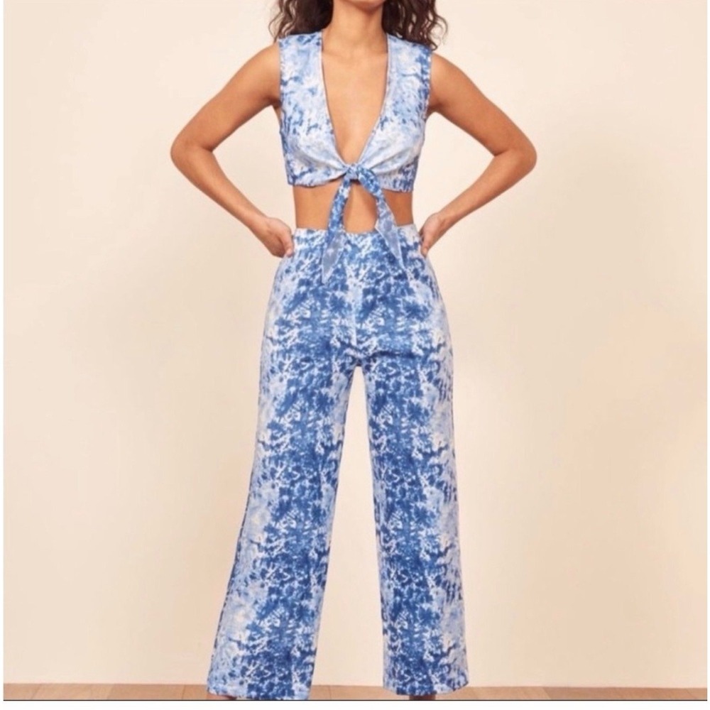 Reformation Fawn Linen Top and Pants Set Blue Dye